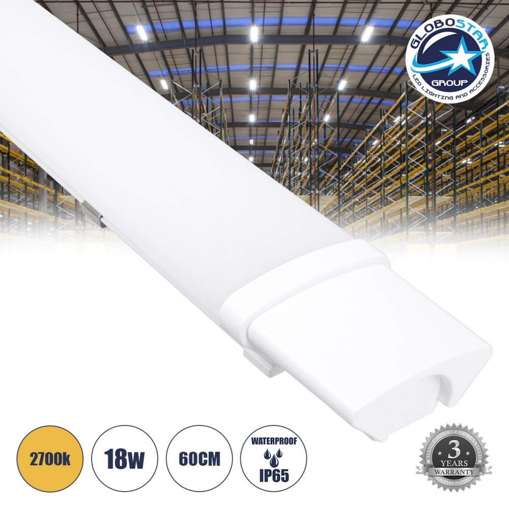 GloboStar® 60163 LED Γραμμικό Βιομηχανικό Φωτιστικό Tri-Proof 60cm 18W 1936lm 120° AC 220-240V Αδιάβροχο IP65 Μ60 x Π6 x Υ4cm Θερμό Λευκό 2700K - 3 Χρόνια Εγγύηση